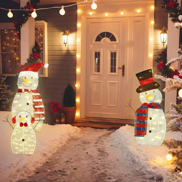3Pcs 2D Christmas Snowman Yard Decoration Snowman Family Outdoor Decoration With 90Pcs LED Warm Yellow Lights 8 Lighting Modes IP44 Waterproof