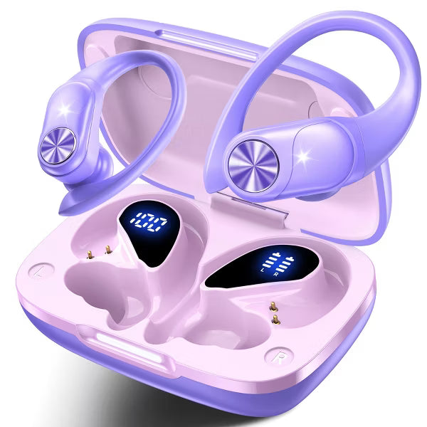 Wireless Earbuds, 88Hrs Playback, Sport Earhooks, Digital Display Charging Case, IPX7 Waterproof, Deep Bass, for iOS Android Purple