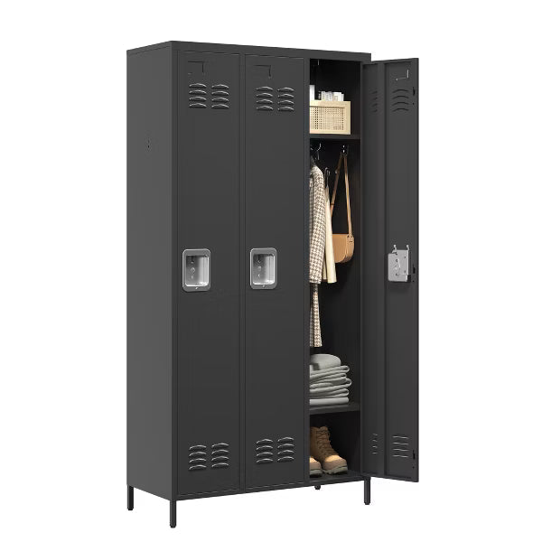 VIYET 72" 3 Door Metal Locker Storage Cabinet with Locks, Freestanding Employee Locker for Office, School, Gym, Garage & Home, Black