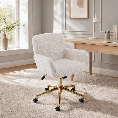Faux Fur Vanity Chair, Adjustable Swivel Home Office Chair with Colorful Wheels and Metal Base, Cute Makeup Chair for College Dorm Essentials