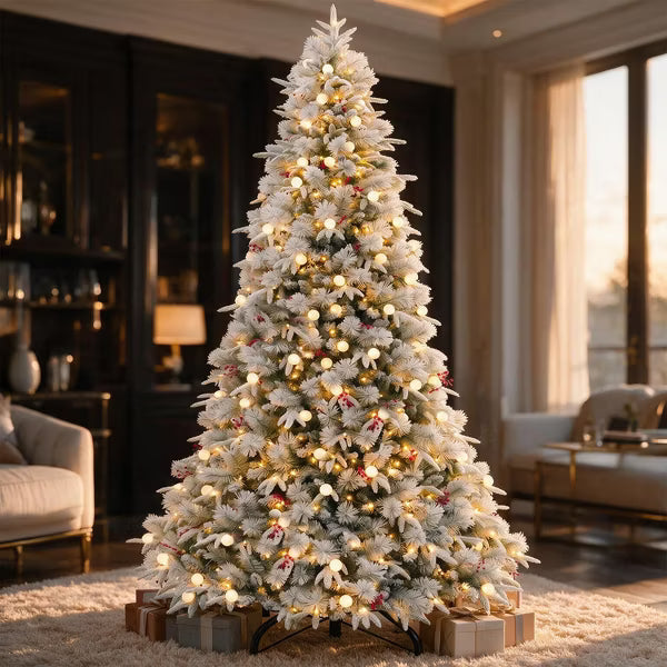 VIVATREES 12ft Prelit Snow Flocked Christmas Tree Artificial 10 Lighting Modes with Red Berrie Metal Stand Dual Colors Xmas Pine Needles