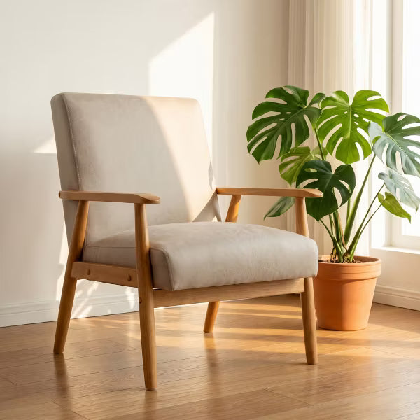 Mid-Century Modern Armchair, Solid Wood Upholstered Accent Chair for for Living Room, Bedroom, Dorm, Apartment, Cream