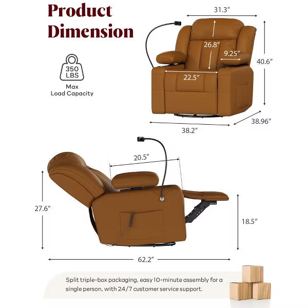 TYBOATLE Swivel Glider Recliner Chair - Brown Faux Leather - Manual Rocker with Adjustable Footrest & Remote Control for Nursing