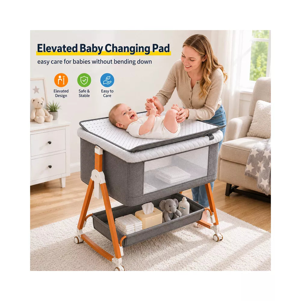 Kmaier Baby Bassinet Foldable Portable Bedside Crib,Storage Basket Breathable Mesh,Grey