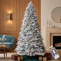 VIVATREES 9ft Pre-lit Christmas Tree Snow-Flocked Premium Artificial Hinged Branch Tips Dual-Color 10 Lighting Modes Foldable Base for Holiday