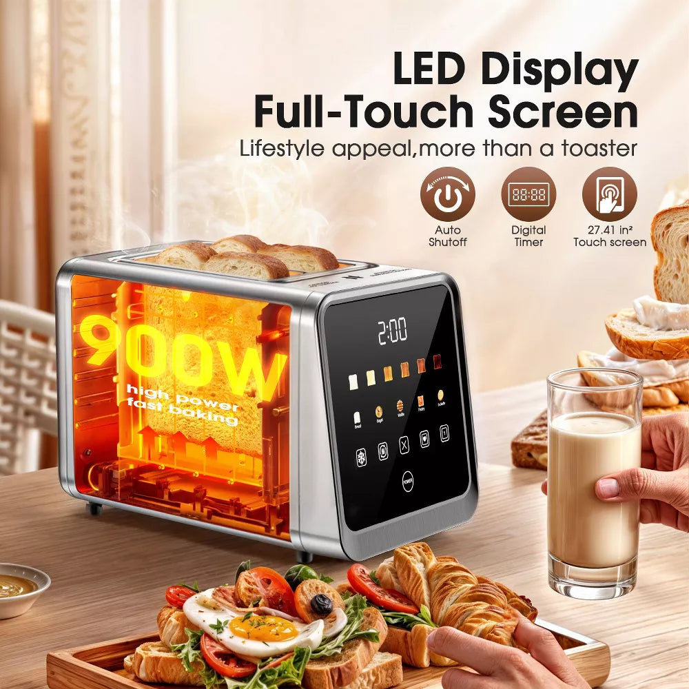 Teendow Touch Screen Toaster 2 Slice, 900W Stainless Steel Smart Digital Bread Toaster with Memory Function, 5 Bread Types & 6 Shade
