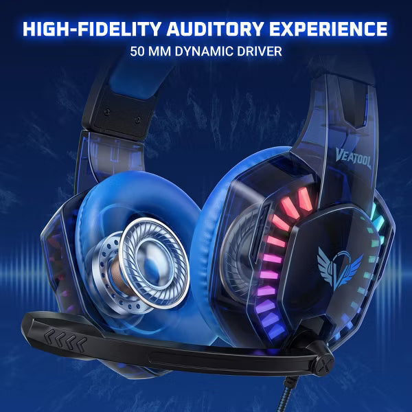 Gaming Headset with Microphone, Compatible with PS4 PS5 Xbox One PC Laptop, Over-Ear Headphones with LED Light, Noise Canceling Mic