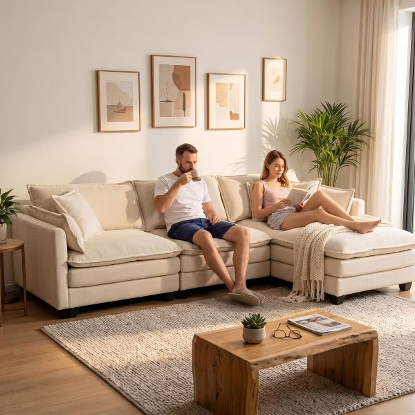 LauKingdom 114" Antique White Chenille 3-Seat Modular Sectional Sofa with Ottoman, Reversible Sleeper Cloud Couch for Living Room Apartment