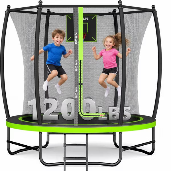 BCAN 8ft Outdoor Trampoline with Safety Enclosure, Basketball Hoop, Heavy-Duty Steel Frame, Ladder and Frame Pad