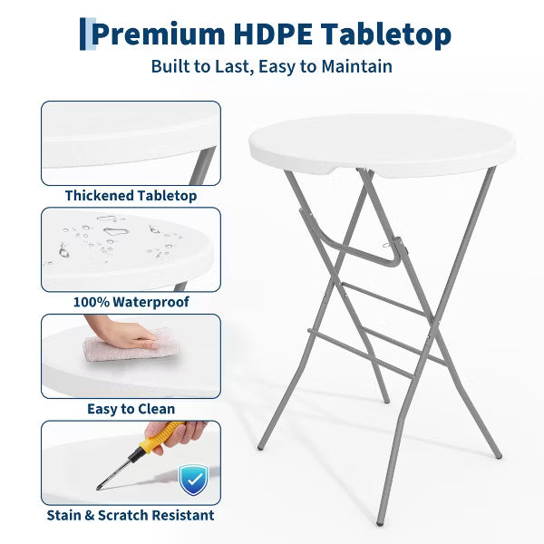 Foldable bar table, 32" Round HDPE Bar Height Folding Table Patio Bistro Table, high top outdoor table, White,2-Pack