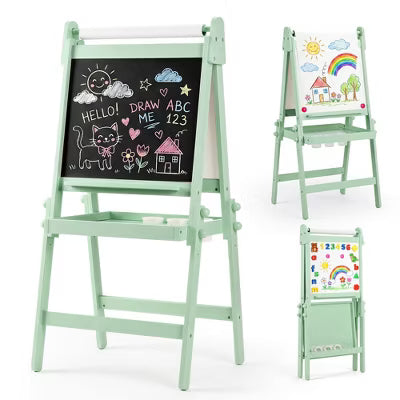 Kinder King Kids Art Easel, 4-in-1 Magnetic Whiteboard, Chalkboard and Paper Roll Drawing Board with Storage Tray, Green