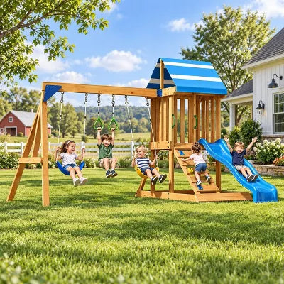 AMERLIFE Wooden Outdoor Swing Set with Wave Slide, Climbing Wall and Play Deck