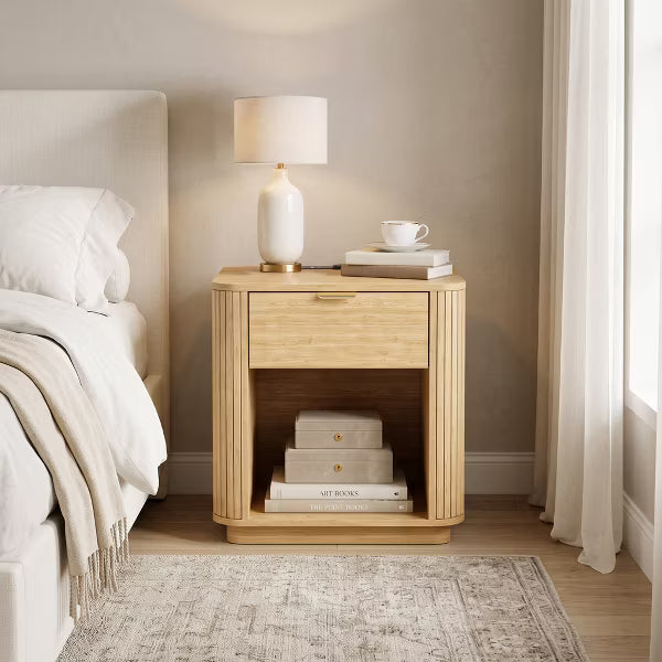 Qwatto Modern Fluted Nightstand Bedside Table with USB Charging Station Storage Drawer Open Shelf End Table for Bedroom Living Room Natural Oak Wood