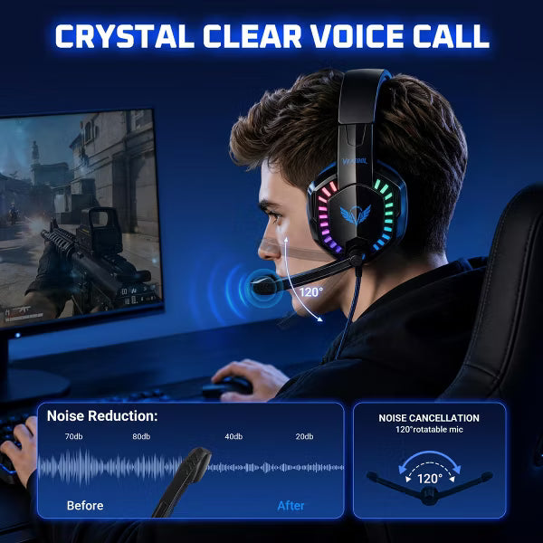 Gaming Headset with Microphone, Compatible with PS4 PS5 Xbox One PC Laptop, Over-Ear Headphones with LED Light, Noise Canceling Mic