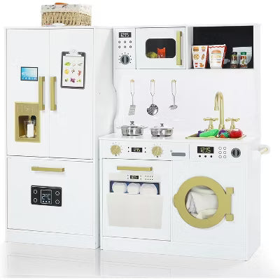 Kinder King Wooden Play Kitchen Set for Kids with Sink, Freezer, Ice Maker, Washing Machine & Accessories Large Storage & Realistic Features,White