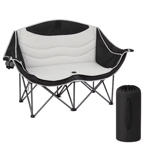 Double Camping Chair, Heavy Duty Loveseat for 2 Adults, 660lbs Cap, Portable Folding Couch w/ Cup Holders, for Outdoor Lawn/Backyard, Black/Grey