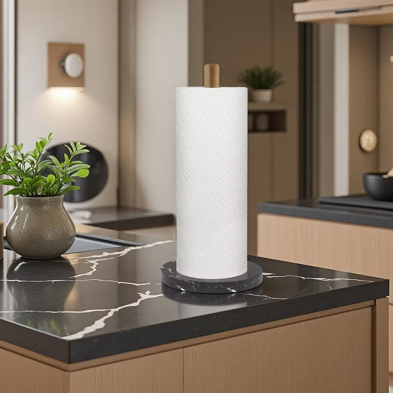 Marble Base Wood Paper Towel Holder, Modern Decorative Countertop Standing Roll Holder for Kitchen, Bathroom, Toilet and Pantry,Black