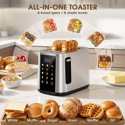 Teendow Digital Touchscreen 2-Slice Toaster with Bagel, Defrost & Reheat Functions, 6 Shade Settings, Stainless Steel, Removable Crumb Tray, 800W