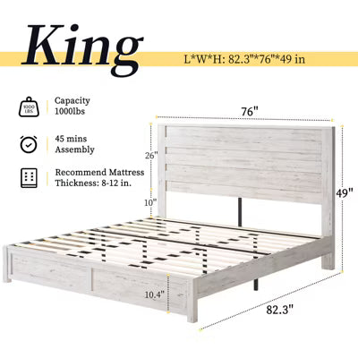 AMERLIFE Farmhouse King Bed Frame with 49" Tall Headboard, Wooden Platform Beds, Distressed White