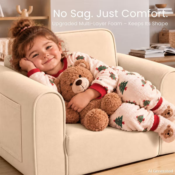 Kinder King 2-in-1 Kids Couch, Fold-Out Toddler Sofa Chair for Reading, Lounging & Playroom Use, Beige