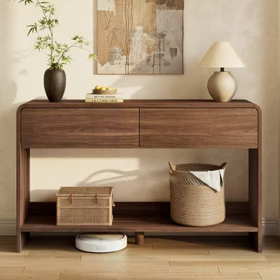 AMERLIFE 55" Modern Console Table with 2 Storage Drawers and Open Shelf, Rounded Edges, Brown