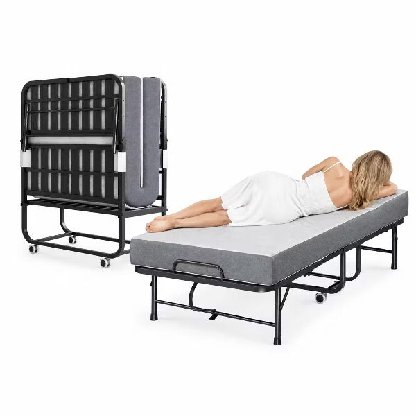 VIYET 75" Extra Long Folding Bed with 3.9" Memory Foam Mattress, 450 Lbs Capacity, Rollaway Guest Bed with Wheels, Twin Size, Black