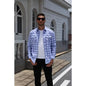 COOFANDY Men's Cotton Plaid Long Sleeve Casual Shirt Navy Blue-White S