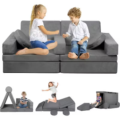 Kinder King 9PCS Kids' and Toddlers Convertible Sofa and Play Set Modular Foam Couch and Flip Out Lounger Indoor Furniture for Playroom Gray