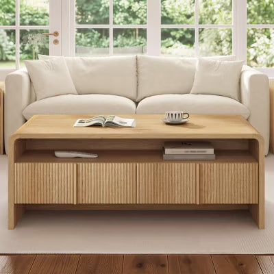 AMERLIFE Fluted Coffee Table with 2 Drawers, Open Storage Shelf, Engineered Wood, Natural Oak