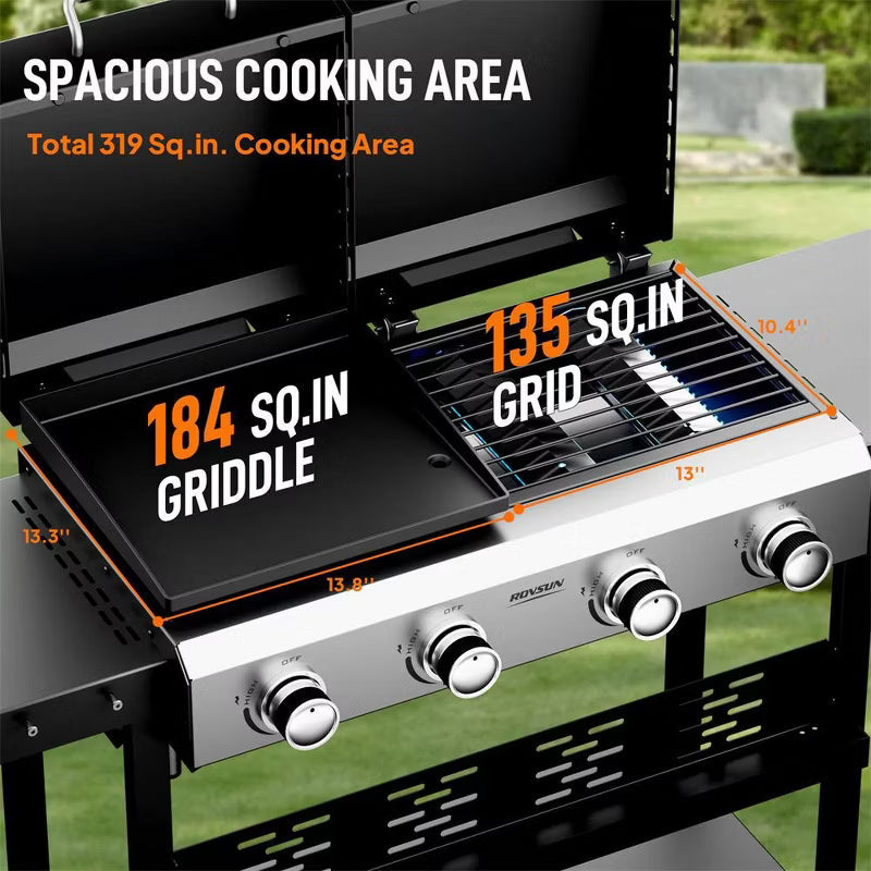 Karl Home 4 Burner 2-in-1 Propane Grill and Griddle Combo Standing with Lid