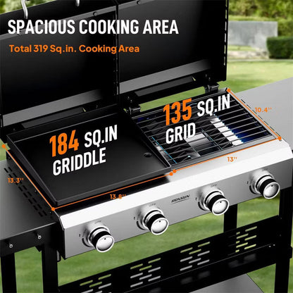 Karl Home 4 Burner 2-in-1 Propane Grill and Griddle Combo Standing with Lid