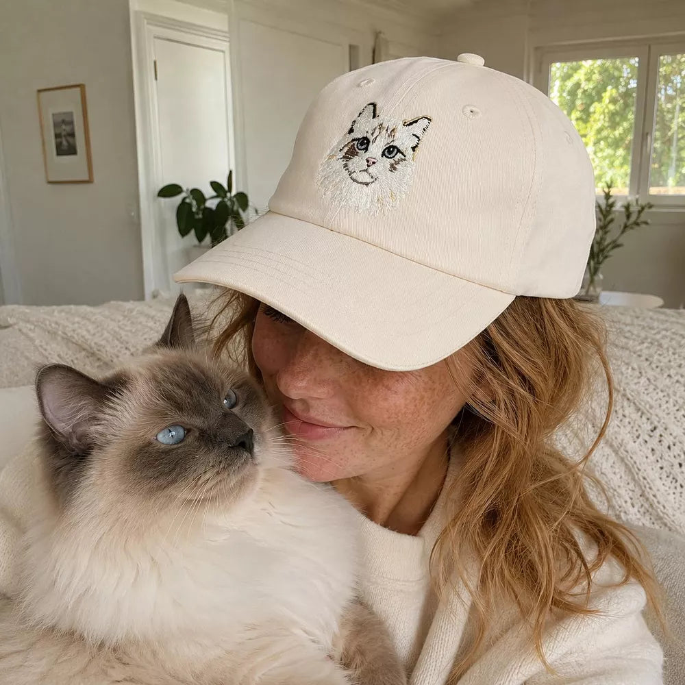 mysuntown Cat Embroidered Baseball Cap, Unisex Cotton Low Crown Adjustable Dad Hat, Cute Cat Lover Gift for Women & Men, Cream