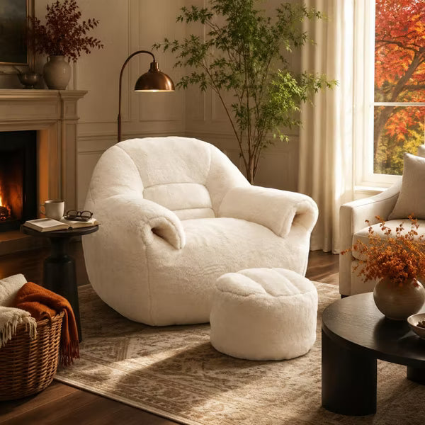 LauKingdom Cream White Bean Bag Chair with Ottoman for Living Room Bedroom Apartment Comfy Faux Fur Lounge Sofa