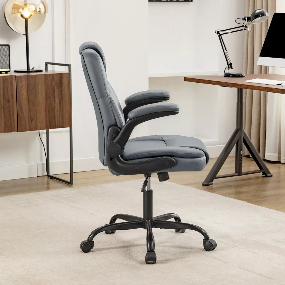 KERDOM High Back PU Leather Executive Office Chair, Flip Up Armrest Reclining Desk Chair with Rocking & Height Adjustable for Home Office,Gray