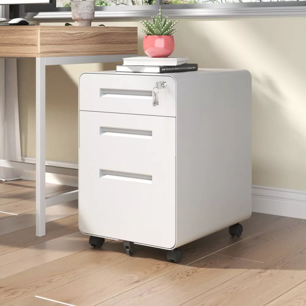 VIYET 3 Drawer Mobile File Cabinet with Lock, Fully Assembled Steel Filing Cabinet on Wheels, Holds A4 & Letter Files
