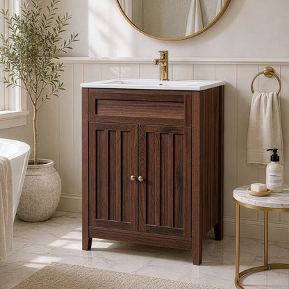 24'' Walnut Vanity Cabinet With Ceramic Sink With 1-Door