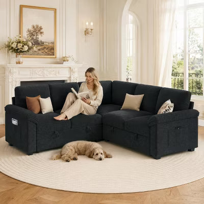 AMERLIFE 81" 5-Seat L-Shaped Sectional Sleeper Sofa with Pull-Out Bed and Storage, Black