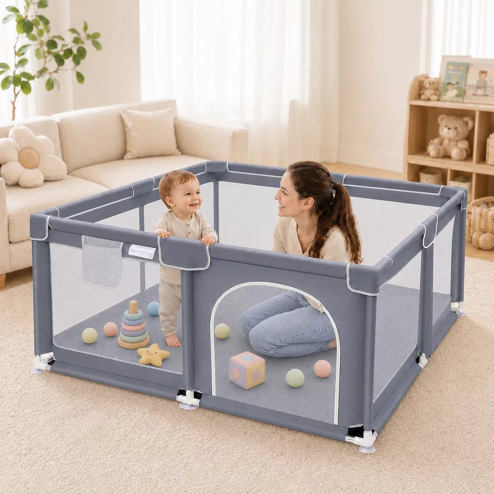 Kmaier Baby Playpen,Large Indoor and Outdoor Play Yards,360° Visibility,For Toddler-(Grey)