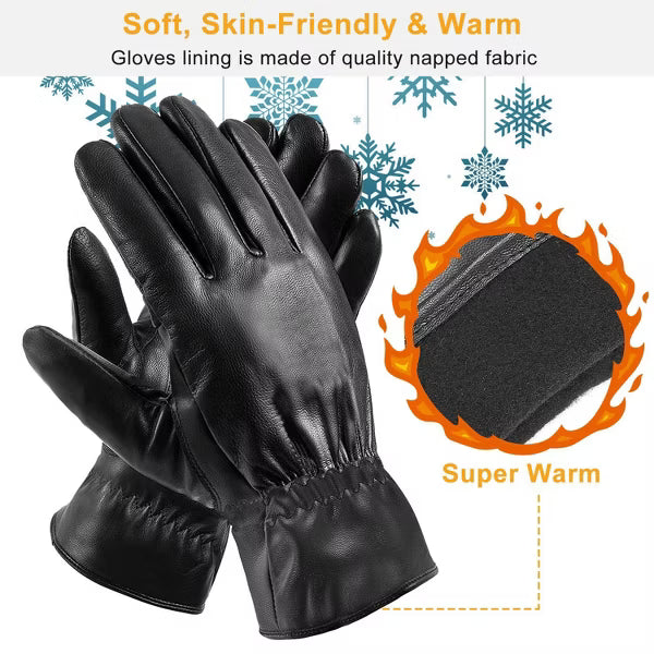 Unisex PU Leather Winter Gloves with Soft Warm Lining, Wind-Resistant Outdoor Gloves for Cycling, Walking and Cold-Weather Comfort - Black