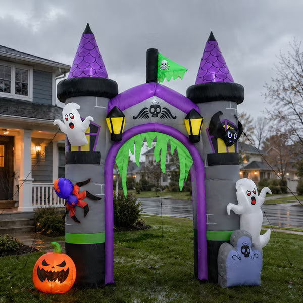 12ft Inflatable Halloween Archway with Ghost, Pumpkin, Spider and Bat – Outdoor LED Decoration, Weatherproof, Easy Setup for Party Entrance
