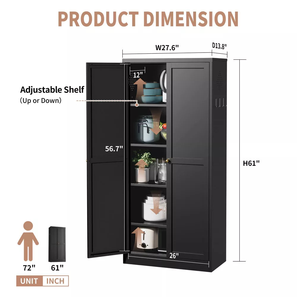 VIYET 61" Black Metal Pantry Cabinet, 4 Adjustable Shelves, Freestanding Kitchen Storage Cabinet, Slim Food Organizer for Kitchen, Dining Room