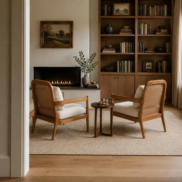 LauKingdom Set of 2 26.6" Mid-Century Modern Accent Chairs, Light Brown Solid Wood Frame, Rattan Backrest, Beige Cushions for Living Room Reading Nook