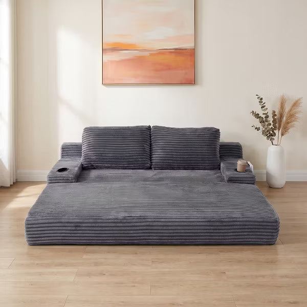 71" Corduroy Convertible Sleeper Sofa Bed, 2-in-1 Futon Couch Loveseat with Built-in Cup Holders, Side Pockets & 2 Throw Pillows for Small Spaces