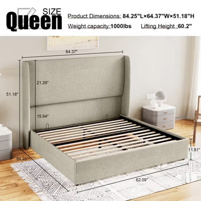AMERLIFE Queen Lift-Up Storage Platform Bed with Wingback Headboard, Linen Upholstery, Brown