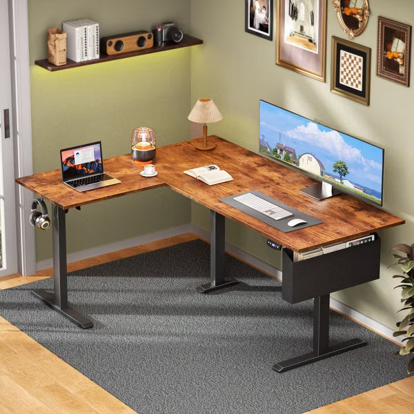 Qwatto L Shaped Electric Standing Desk 63 Inch Height Adjustable Sit Stand Corner Computer Table Reversible Memory Presets Ergonomic Home Office Desk