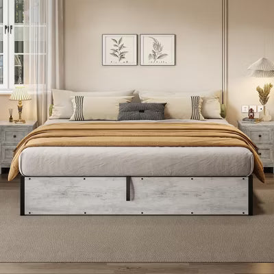 AMERLIFE King Size Lift Up Storage Bed with Storage Underneath, No Headboard, White Oak