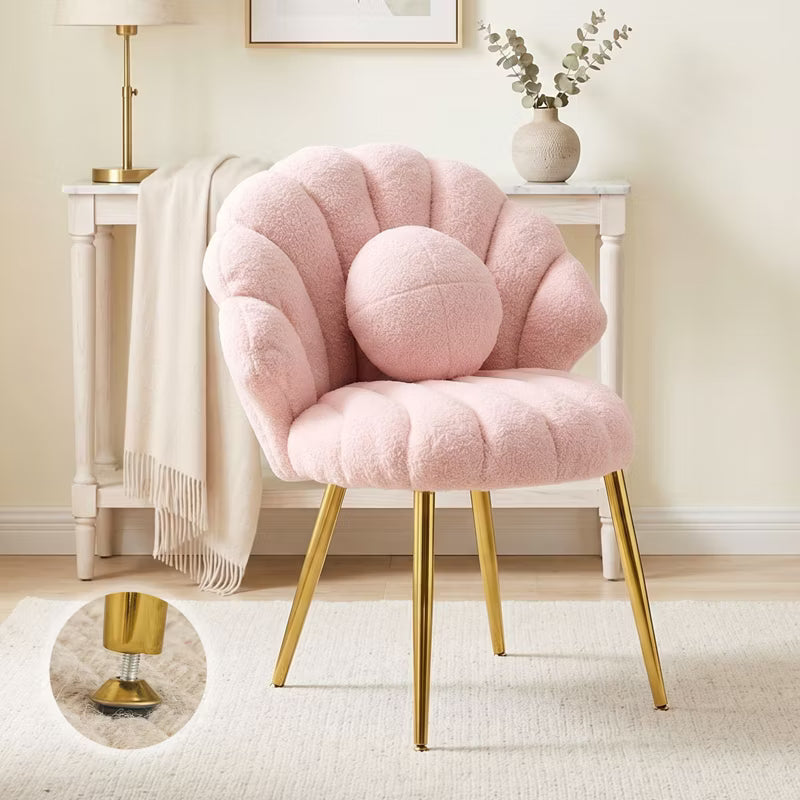 Karl Home Teddy Plush Seashell Vanity Chair with Pillow, Upholstered Makeup Accent Chair with Gold Metal Legs for Bedroom