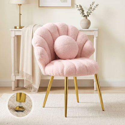 Karl Home Teddy Plush Seashell Vanity Chair with Pillow, Upholstered Makeup Accent Chair with Gold Metal Legs for Bedroom