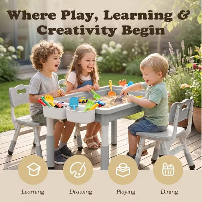 Kinder King 3-in-1 Kids Activity Table and 4 Chairs Set, Reversible Large-Size Building Block Table with Storage, Gray
