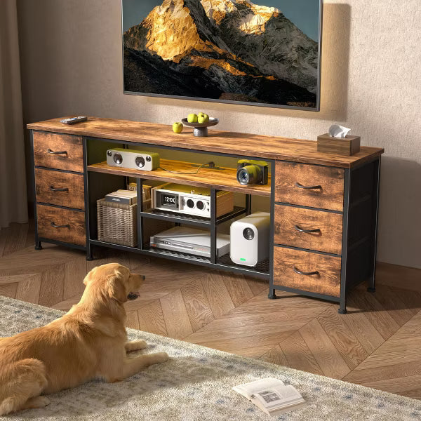 Qwatto 63 Inch Brown TV Stand Dresser with Charging Station LED Lights 6 Fabric Drawers Entertainment Center for TVs up to 70 Inch Bedroom Storage
